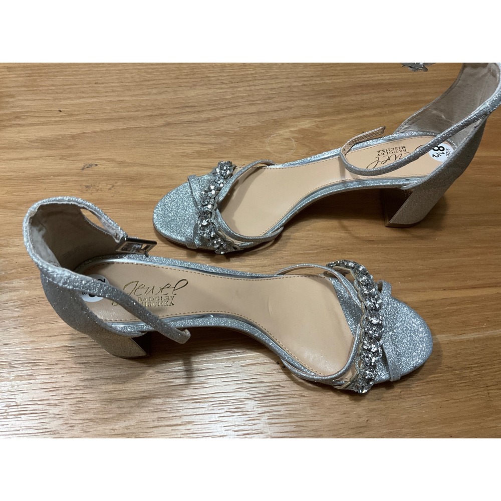 Jewel Badgley Mischka Silver Glitter Rhinestone Block Heel Sandals 8.5